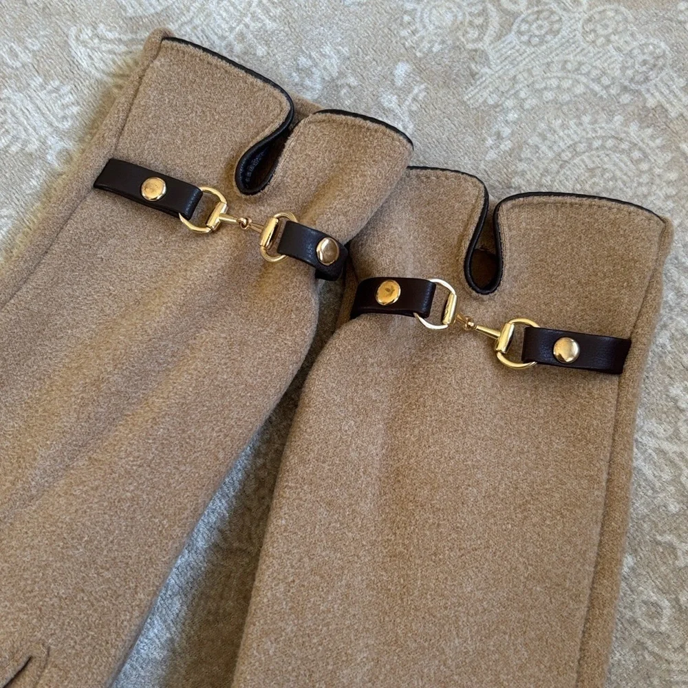 Elegant Tan Touchscreen Gloves w/ Brown & Gold Tone Horsebit Accent Winter
